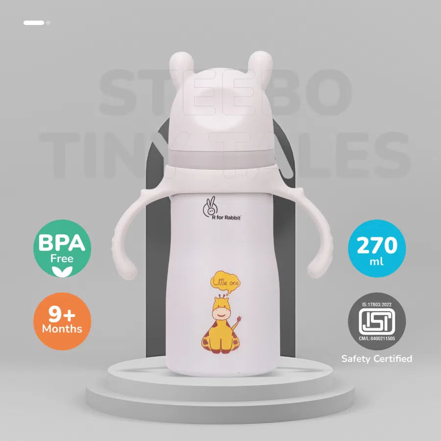 Steebo Tiny Tales 2 in 1 Spout and Straw Sipper Stainless Steel Bottle For Kids 270ml - Beige