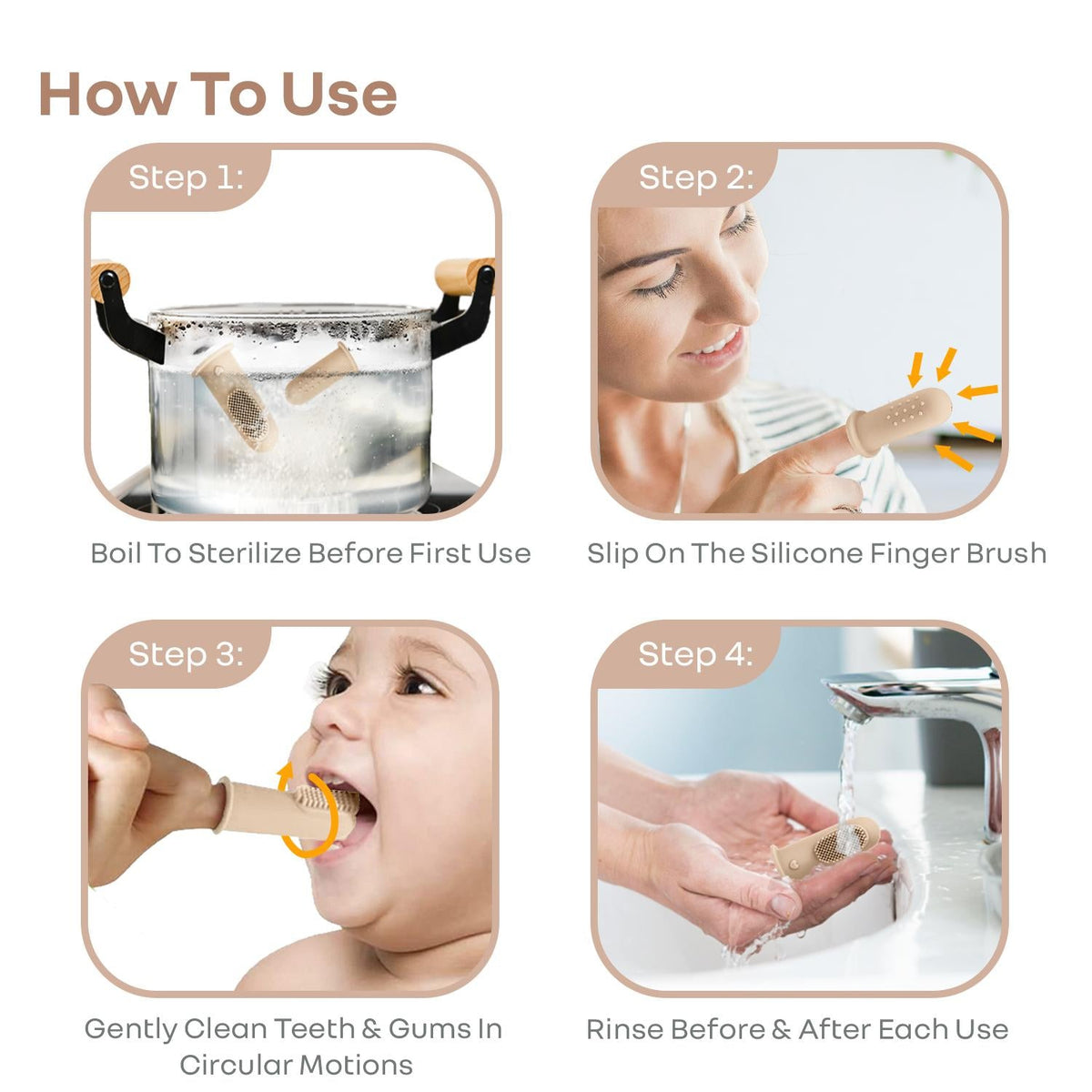 Tiny Smiles Gummy Baby Finger Brush, Food Grade Silicone Toothbrush, Gum Massager with Storage Case - Beige