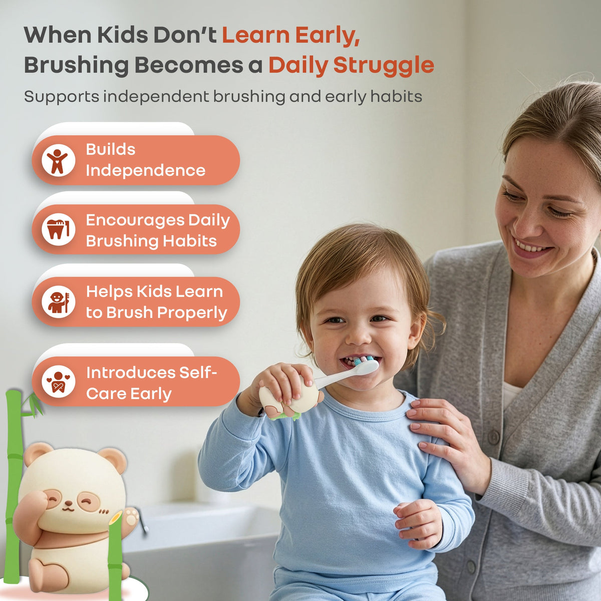 Tiny Smiles Panda Kids Toothbrush, Ultra Soft PBT Bristles Brush, BPA Free, Self-Standing with Travel Case - Beige