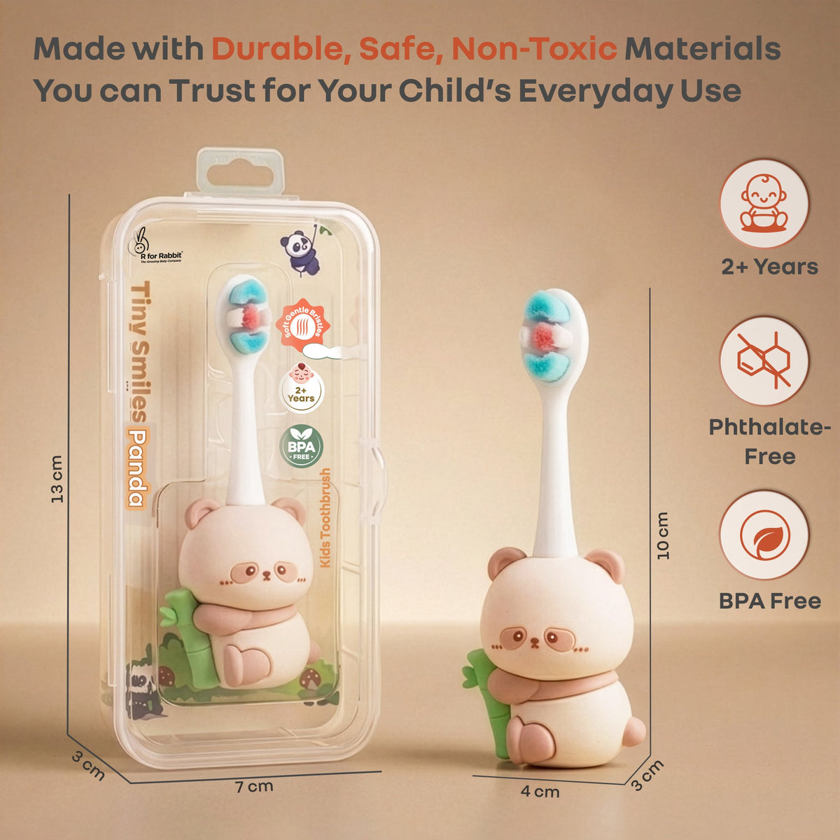 Tiny Smiles Panda Kids Toothbrush, Ultra Soft PBT Bristles Brush, BPA Free, Self-Standing with Travel Case - Beige