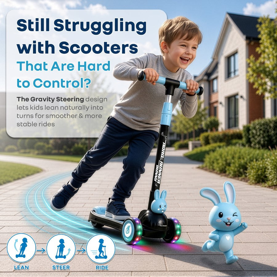 Road Runner Bunny Scooter For Kids With PU LED Wheels - Black Blue