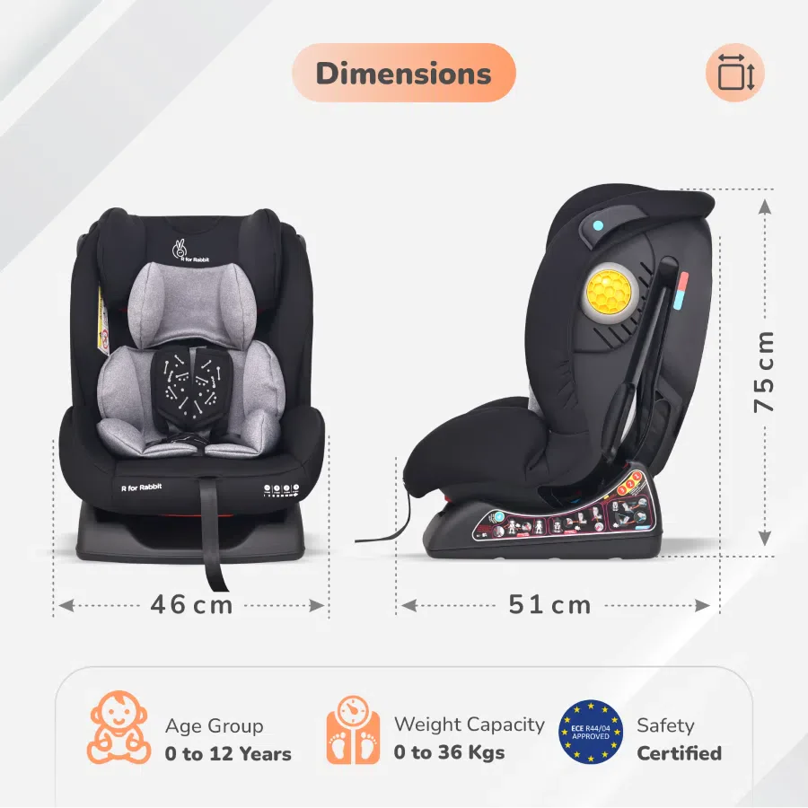 Jack N Jill NXG Baby Car Seat With Advanced Side Impact Protection, Age Group 0 To 12 Years - Black Grey