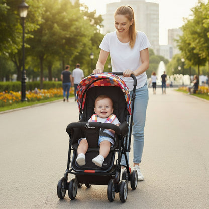 Lollipop Lite Stroller Travel Friendly, Easy To Fold, Reversible Handle, Wheel Lock, Adjustable Leg Rest - Black Multi