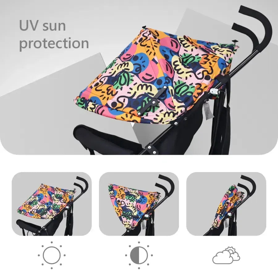 Pixie Buggy Stroller Easy to Fold and Store, UV Sun Protection Canopy, Rear Brakes, Storage Bag - Black Multi