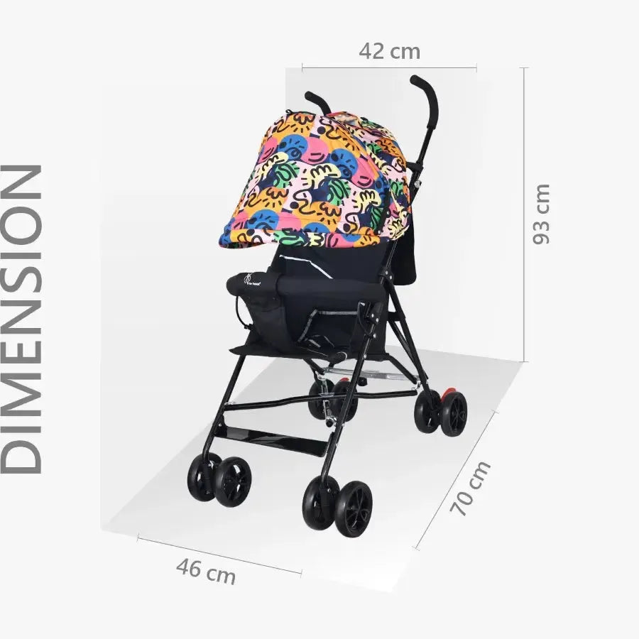 Pixie Buggy Stroller Easy to Fold and Store, UV Sun Protection Canopy, Rear Brakes, Storage Bag - Black Multi