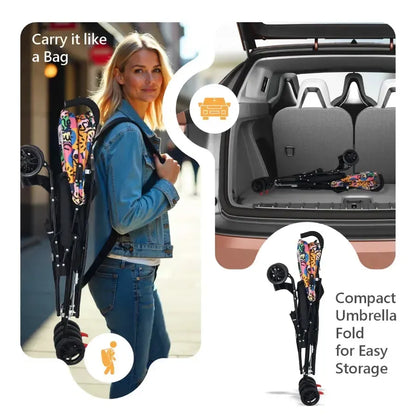 Pixie Buggy Stroller Easy to Fold and Store, UV Sun Protection Canopy, Rear Brakes, Storage Bag - Black Multi