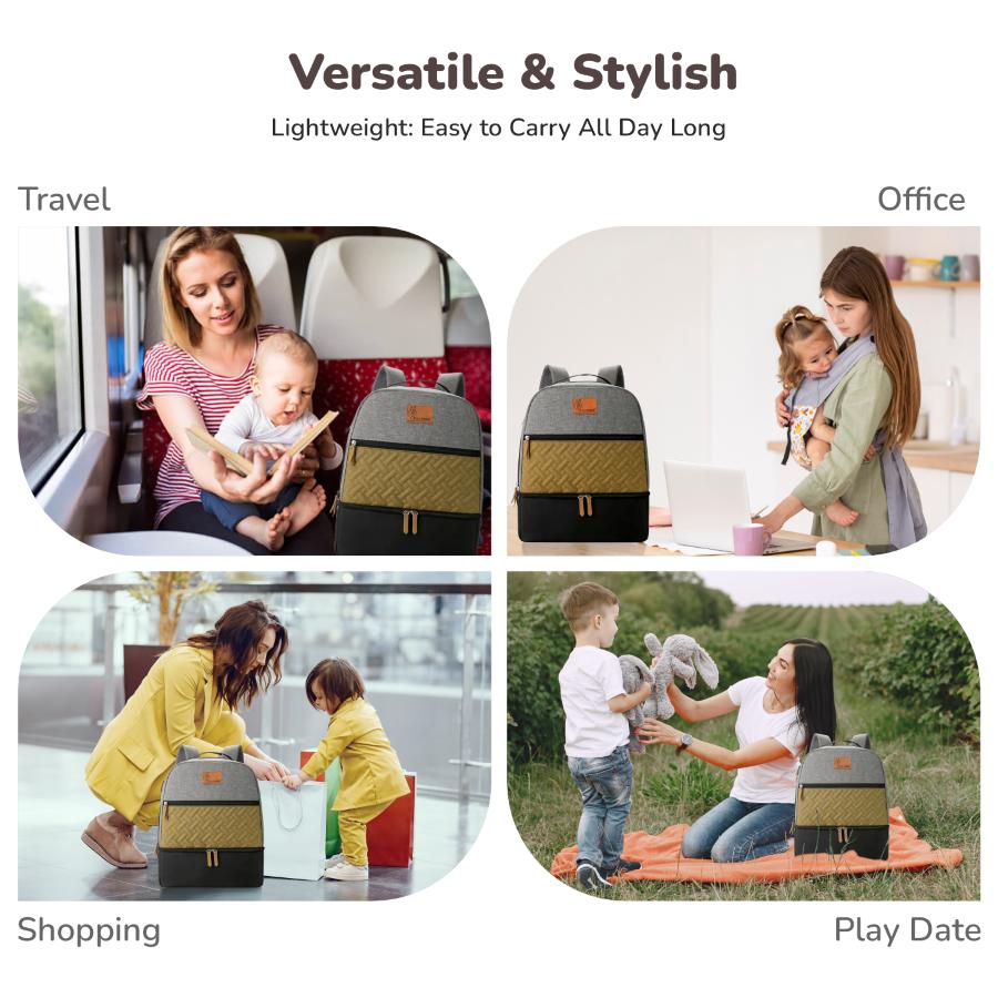 Caramello Truffle – Large Capacity Diaper Bag with Stroller Attachment - Black Mustard