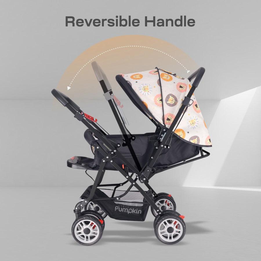Kiddie Kingdom Stroller 3 Position Recline, Easy Fold, Reversible Handle, Rear Wheel Brakes - Black Safari