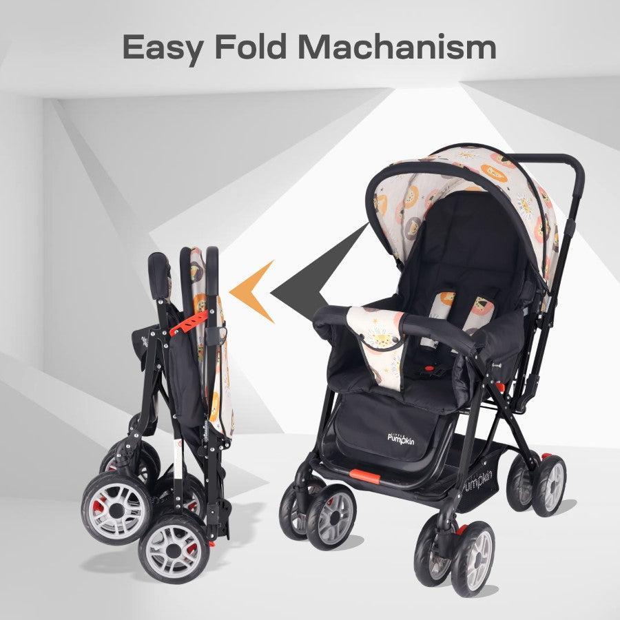 Kiddie Kingdom Stroller 3 Position Recline, Easy Fold, Reversible Handle, Rear Wheel Brakes - Black Safari