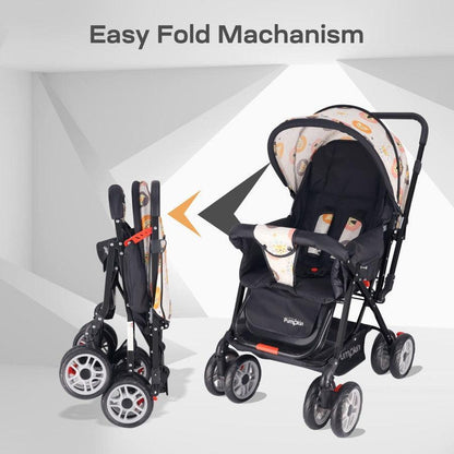 Kiddie Kingdom Stroller 3 Position Recline, Easy Fold, Reversible Handle, Rear Wheel Brakes - Black Safari