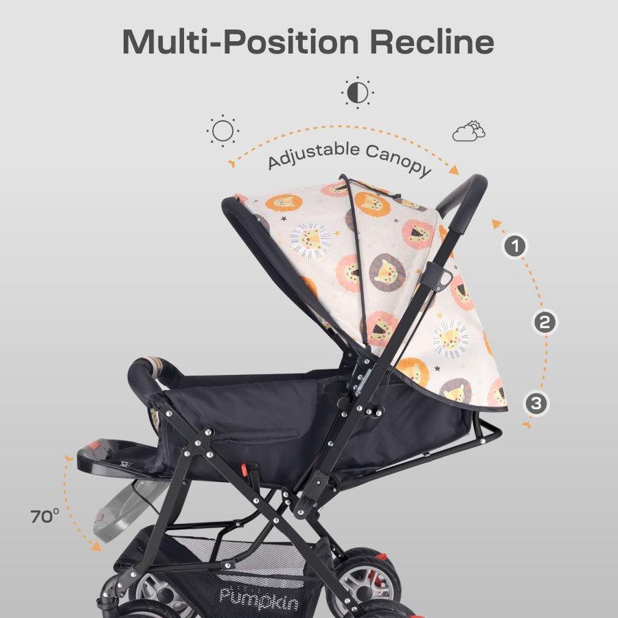 Kiddie Kingdom Stroller 3 Position Recline, Easy Fold, Reversible Handle, Rear Wheel Brakes - Black Safari