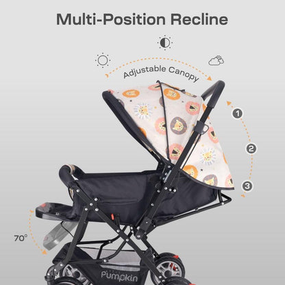 Kiddie Kingdom Stroller 3 Position Recline, Easy Fold, Reversible Handle, Rear Wheel Brakes - Black Safari