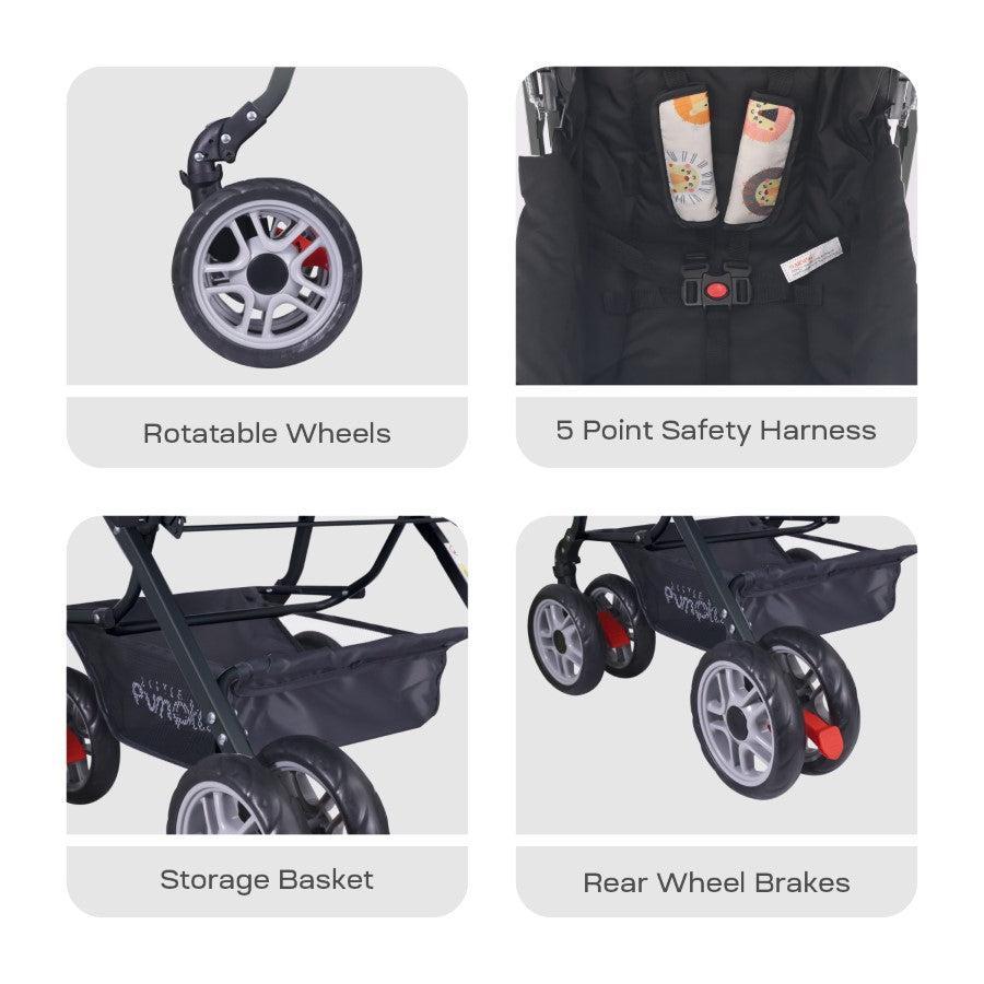 Kiddie Kingdom Stroller 3 Position Recline, Easy Fold, Reversible Handle, Rear Wheel Brakes - Black Safari