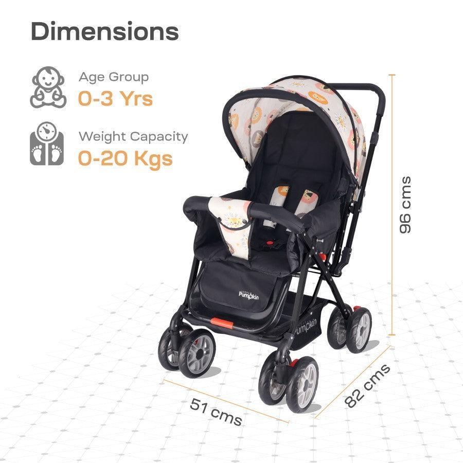 Kiddie Kingdom Stroller 3 Position Recline, Easy Fold, Reversible Handle, Rear Wheel Brakes - Black Safari