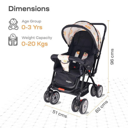 Kiddie Kingdom Stroller 3 Position Recline, Easy Fold, Reversible Handle, Rear Wheel Brakes - Black Safari