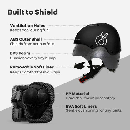 Safe Play Protective Gear Set for Kids – Helmet, Knee, Elbow & Wrist Pads (Age 3–7 Years) - Black Sports