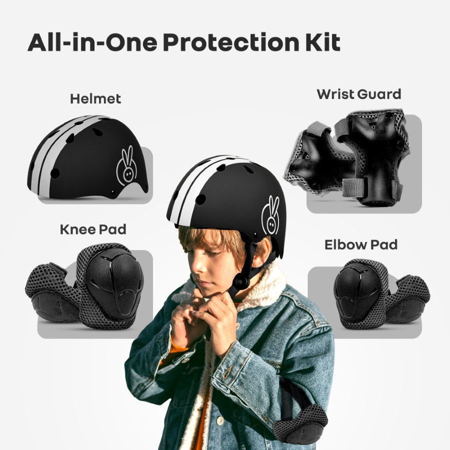 Safe Play Protective Gear Set for Kids – Helmet, Knee, Elbow & Wrist Pads (Age 3–7 Years) - Black Sports