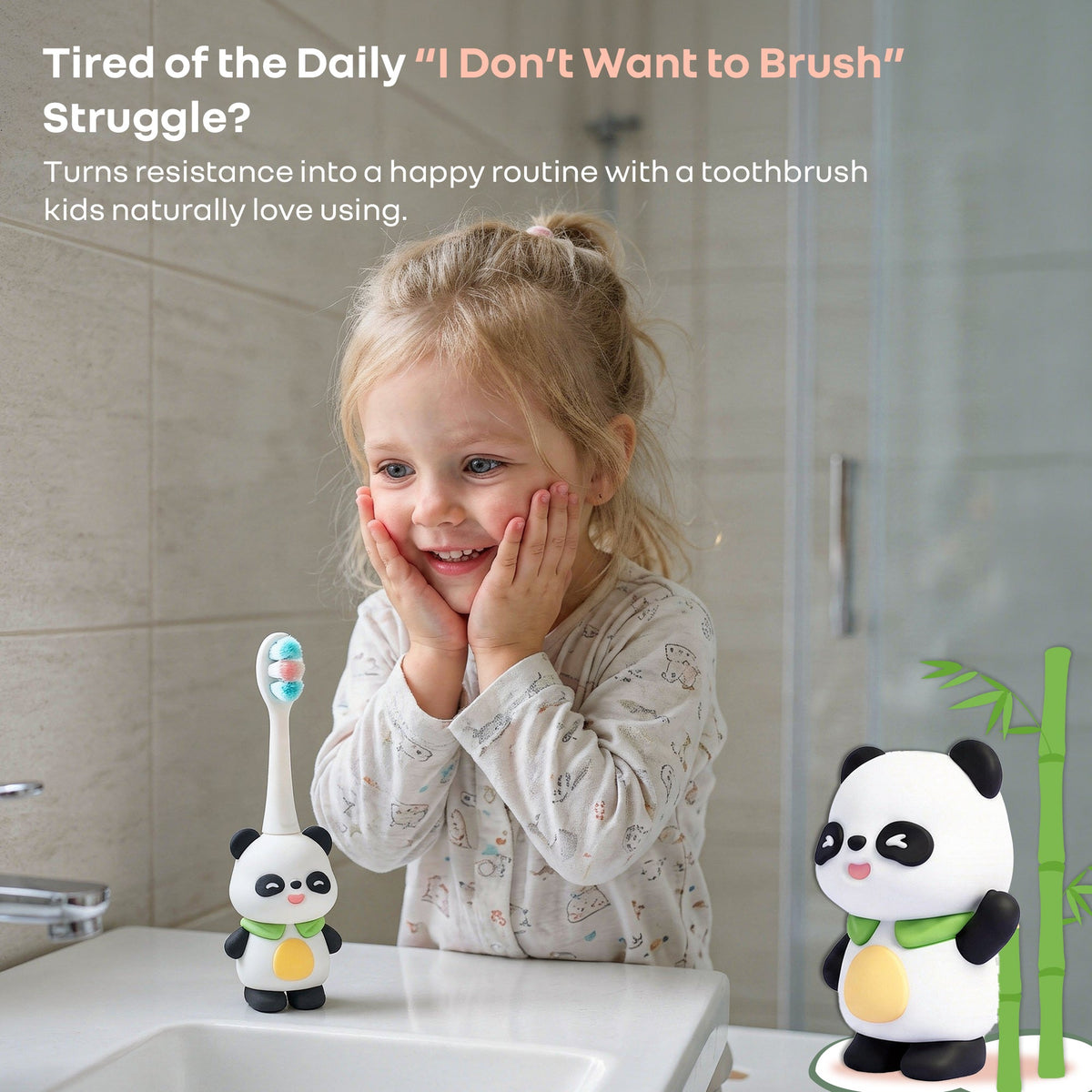 Tiny Smiles Panda Kids Toothbrush, Ultra Soft PBT Bristles Brush, BPA Free, Self-Standing with Travel Case - Black