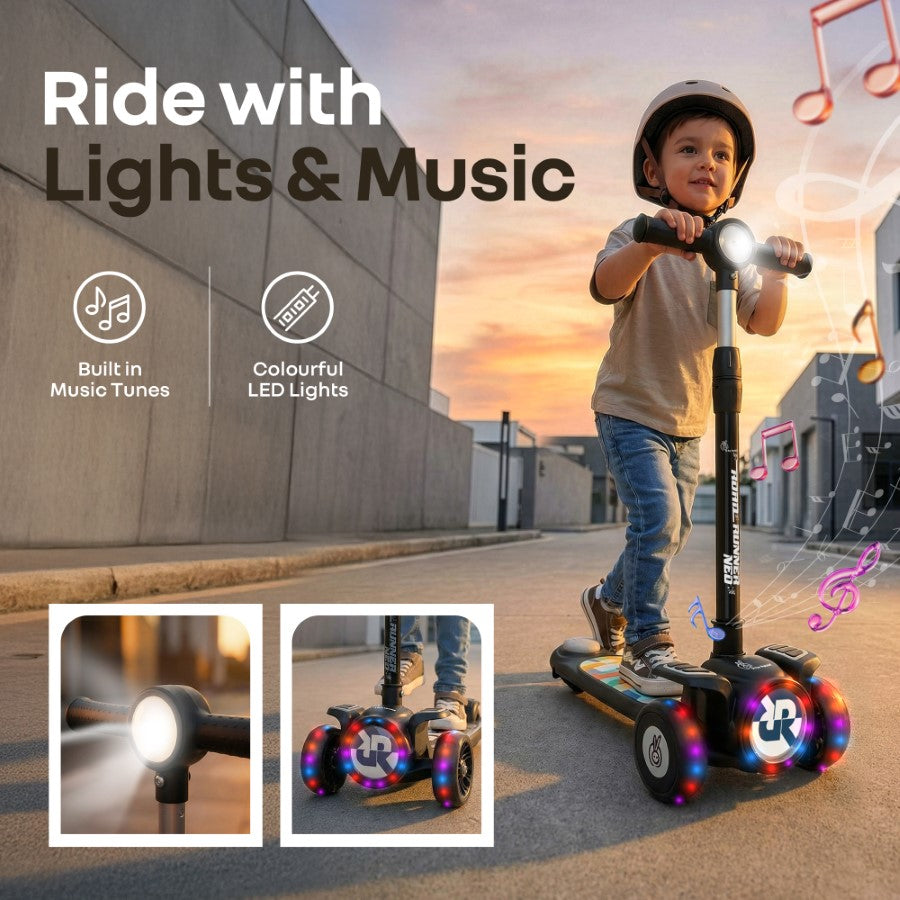 Road Runner Neo Kids Scooter with LED PU Wheels, Music, Gravity Steering, 4-Level Height Adjustment & BIS Certified Safety (3+ Years) - Black