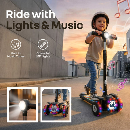 Road Runner Neo Kids Scooter with LED PU Wheels, Music, Gravity Steering, 4-Level Height Adjustment & BIS Certified Safety (3+ Years) - Black