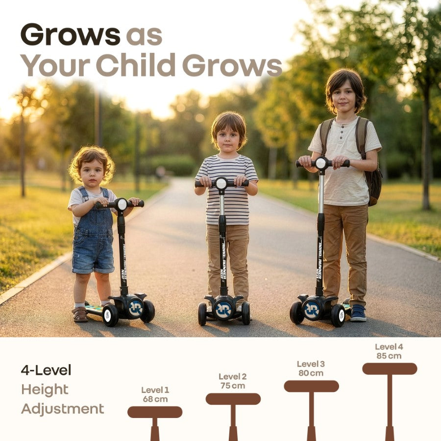 Road Runner Neo Kids Scooter with LED PU Wheels, Music, Gravity Steering, 4-Level Height Adjustment & BIS Certified Safety (3+ Years) - Black