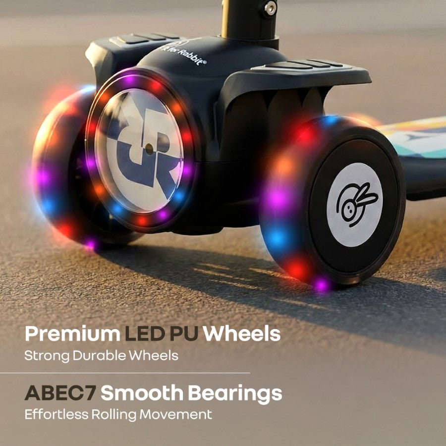 Road Runner Neo Kids Scooter with LED PU Wheels, Music, Gravity Steering, 4-Level Height Adjustment & BIS Certified Safety (3+ Years) - Black