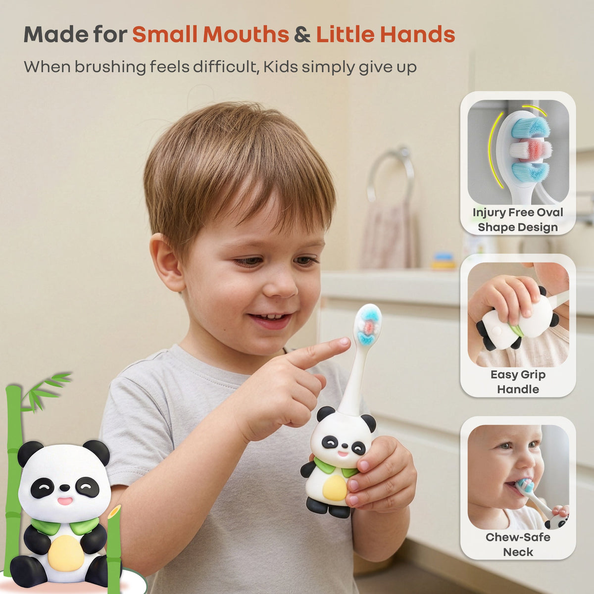 Tiny Smiles Panda Kids Toothbrush, Ultra Soft PBT Bristles Brush, BPA Free, Self-Standing with Travel Case - Black