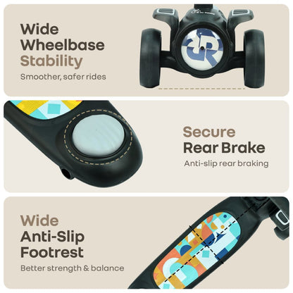 Road Runner Neo Kids Scooter with LED PU Wheels, Music, Gravity Steering, 4-Level Height Adjustment & BIS Certified Safety (3+ Years) - Black