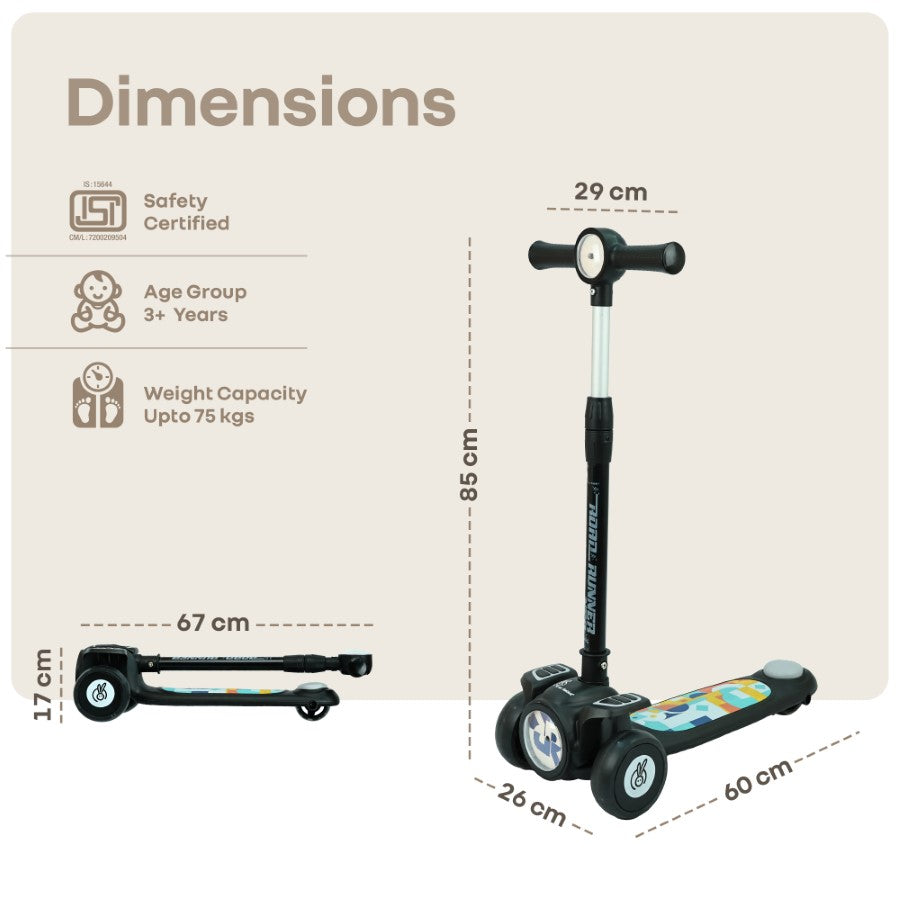 Road Runner Neo Kids Scooter with LED PU Wheels, Music, Gravity Steering, 4-Level Height Adjustment & BIS Certified Safety (3+ Years) - Black