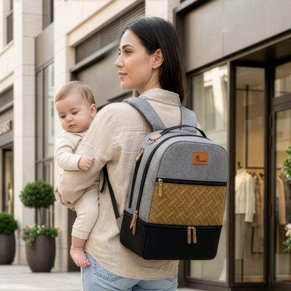 Caramello Truffle – Large Capacity Diaper Bag with Stroller Attachment - Black Mustard