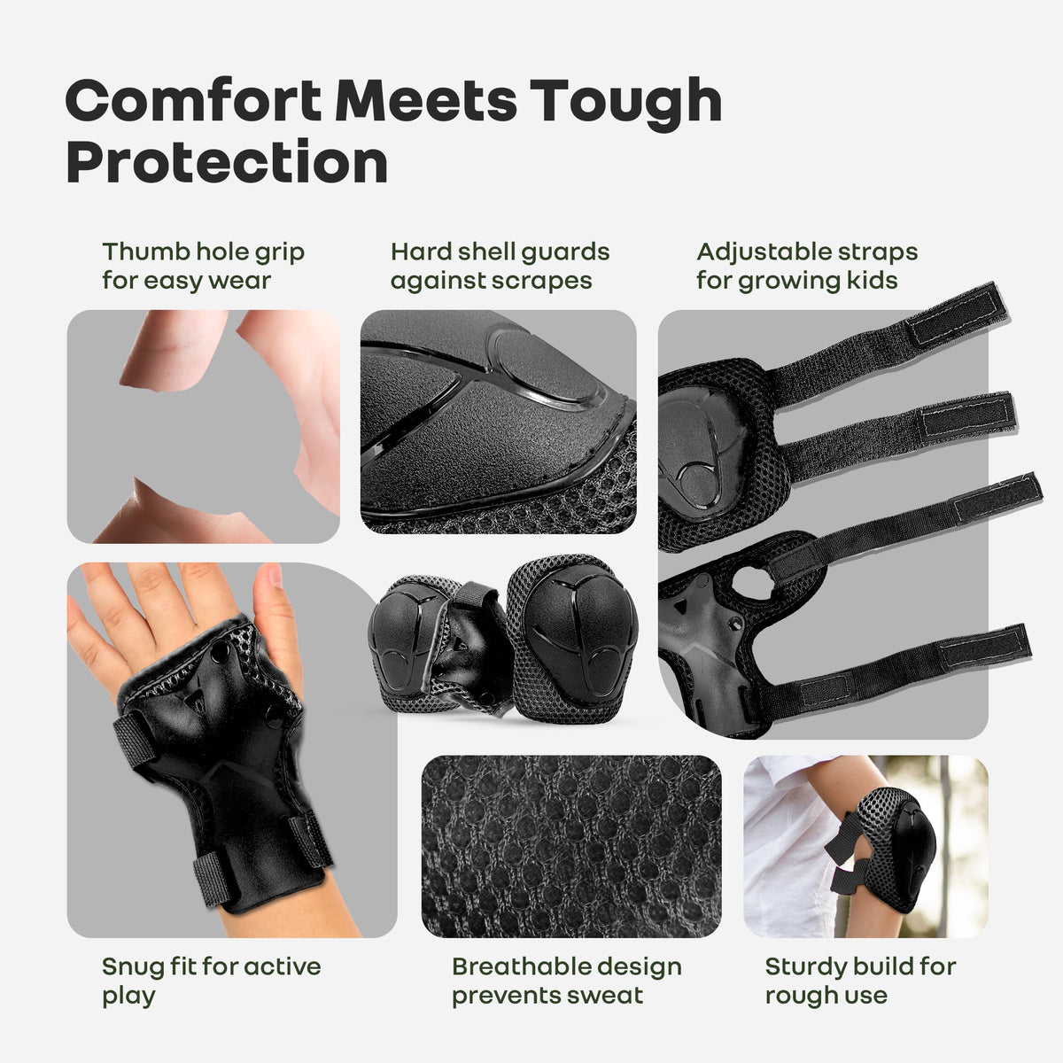 Kids Safety Protector Pads Set, Cushioned Knee, Elbow & Wrist Guards for Outdoor Riding & Sports - Black Sports