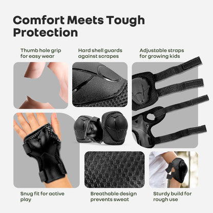 Kids Safety Protector Pads Set, Cushioned Knee, Elbow & Wrist Guards for Outdoor Riding & Sports - Black Sports