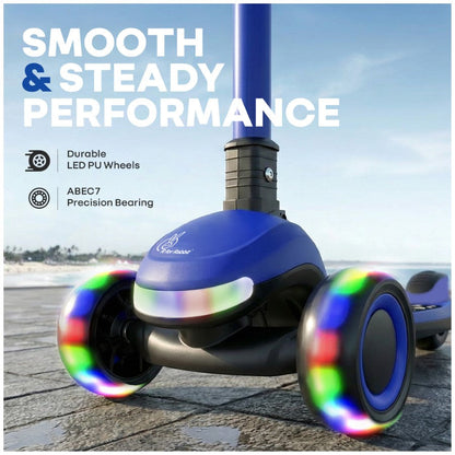 Road Runner Jazz Scooter for Kids With ABEC7 Bearings, LED PU Wheels & Foldable Frame - Blue Black
