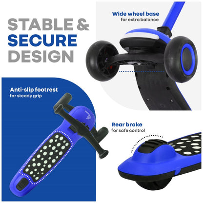 Road Runner Jazz Scooter for Kids With ABEC7 Bearings, LED PU Wheels & Foldable Frame - Blue Black