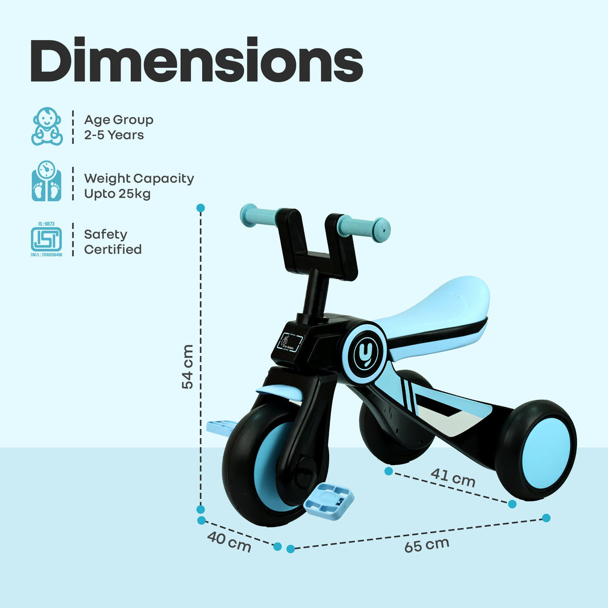 Tiny Toes Y Ace Kids Tricycle for 2–5 Years – BIS Certified Baby Tricycle with Sturdy Frame, Anti-Slip Handlebars, Wide Comfortable Seat & Smooth Wheels for Safe & Fun Riding (Upto 25 kg) - Blue Black