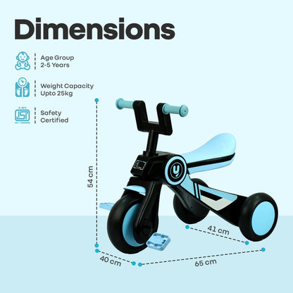 Tiny Toes Y Ace Kids Tricycle for 2–5 Years – BIS Certified Baby Tricycle with Sturdy Frame, Anti-Slip Handlebars, Wide Comfortable Seat & Smooth Wheels for Safe & Fun Riding (Upto 25 kg) - Blue Black
