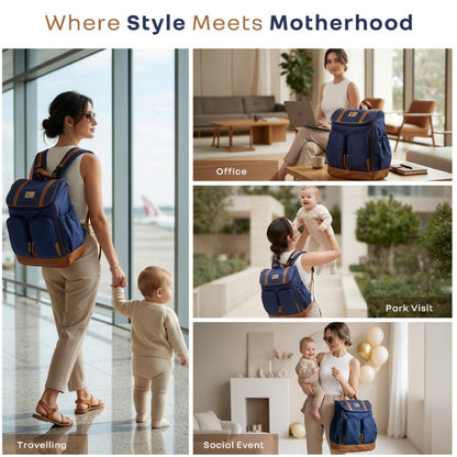 Caramello Bold Hazel Stylish Mom Bag, Vegan Leather, Stroller Hanging Rings - Blue Brown