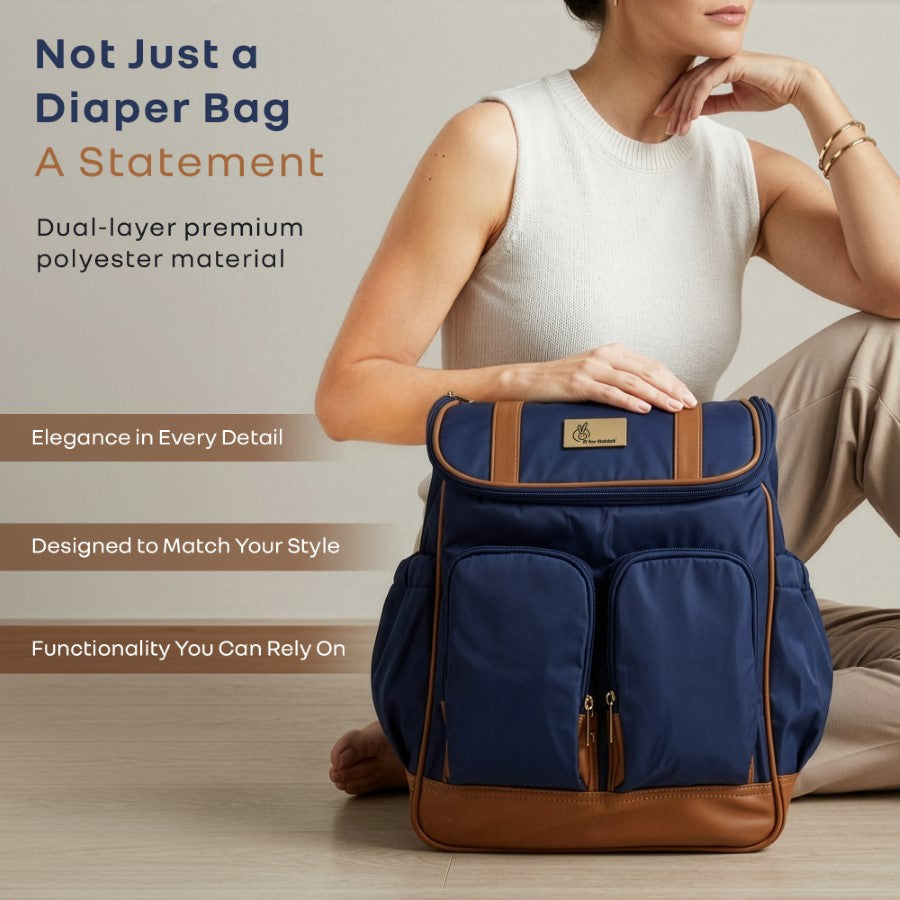Caramello Bold Hazel Stylish Mom Bag, Vegan Leather, Stroller Hanging Rings - Blue Brown
