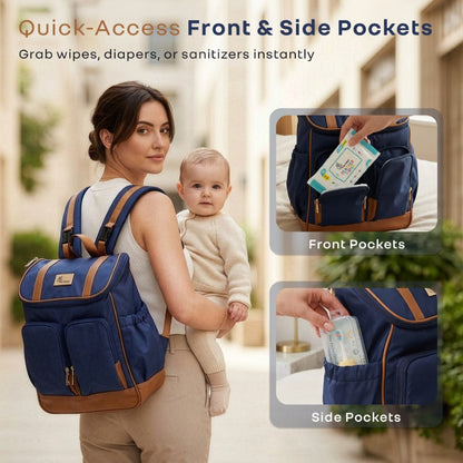 Caramello Bold Hazel Stylish Mom Bag, Vegan Leather, Stroller Hanging Rings - Blue Brown