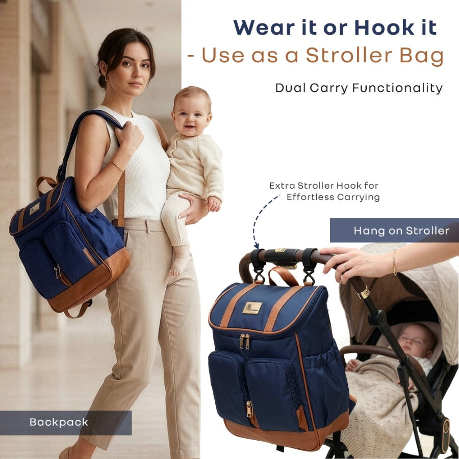Caramello Bold Hazel Stylish Mom Bag, Vegan Leather, Stroller Hanging Rings - Blue Brown