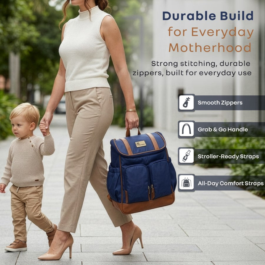 Caramello Bold Hazel Stylish Mom Bag, Vegan Leather, Stroller Hanging Rings - Blue Brown