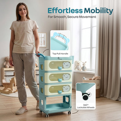 Kiddo Korner Bear Baby Storage Organizer with 3 Drawers, Open Storage, 360° Wheels & Detachable Basket - Blue Cream