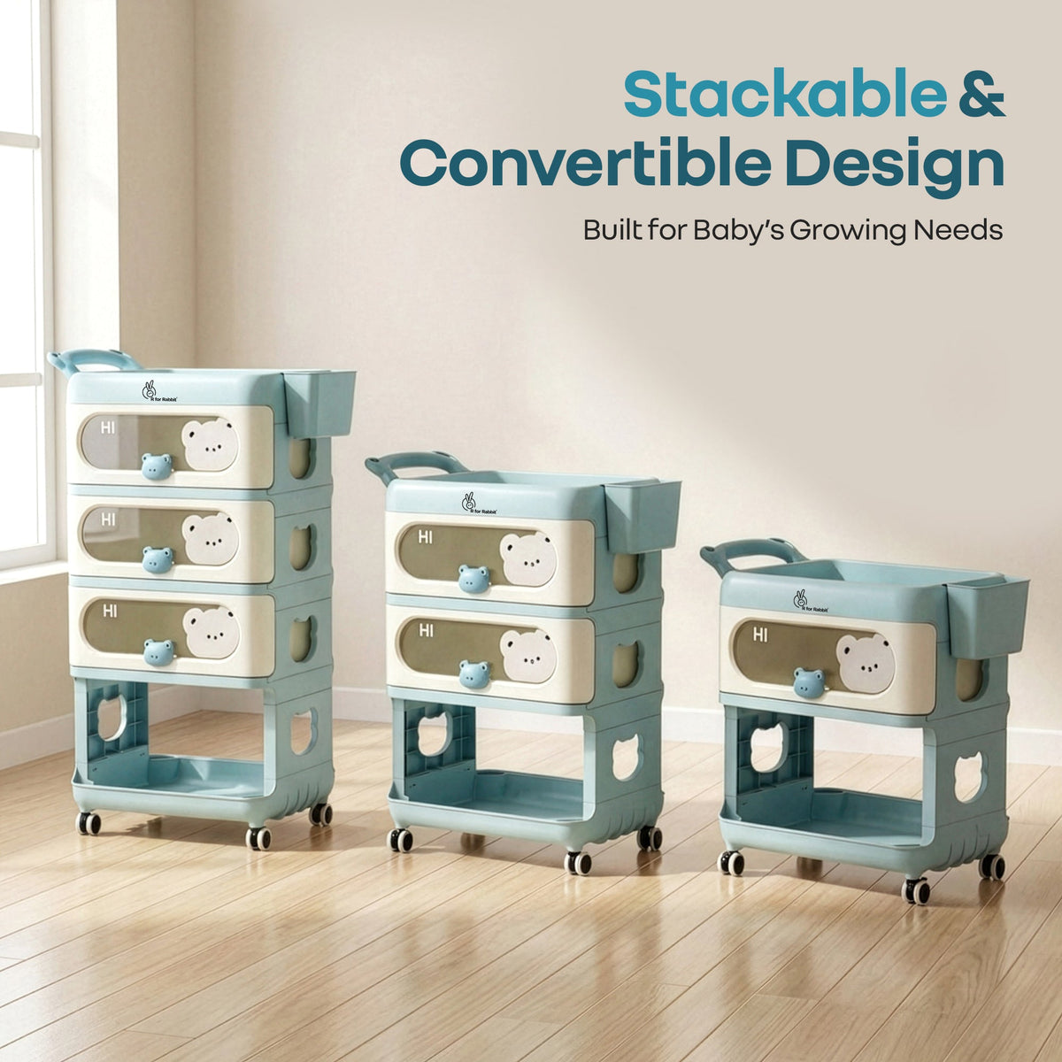 Kiddo Korner Bear Baby Storage Organizer with 3 Drawers, Open Storage, 360° Wheels & Detachable Basket - Blue Cream