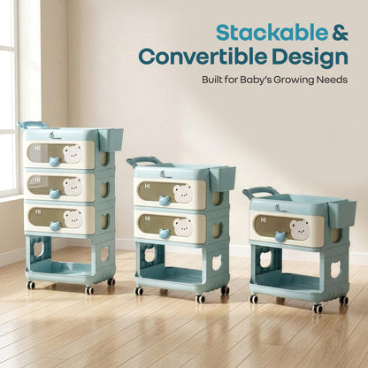 Kiddo Korner Bear Baby Storage Organizer with 3 Drawers, Open Storage, 360° Wheels & Detachable Basket - Blue Cream