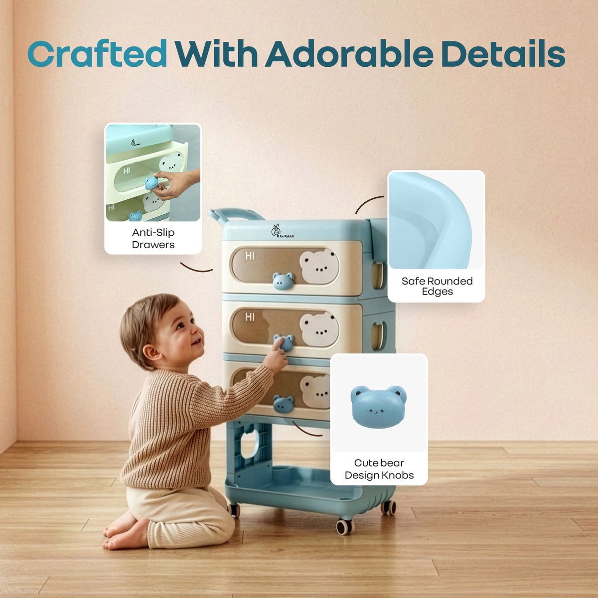 Kiddo Korner Bear Baby Storage Organizer with 3 Drawers, Open Storage, 360° Wheels & Detachable Basket - Blue Cream