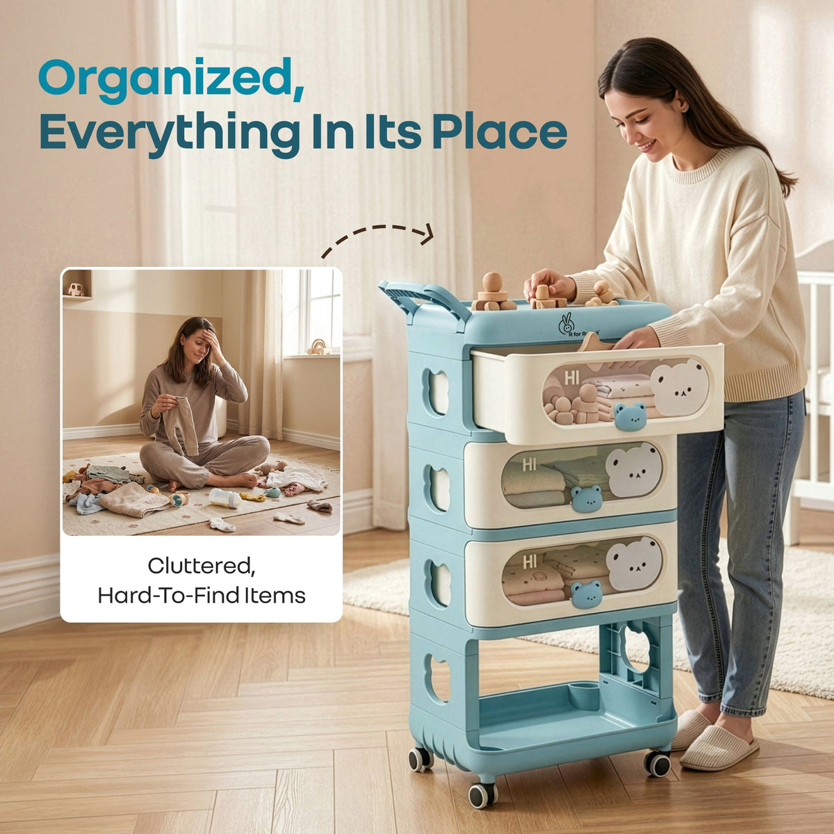 Kiddo Korner Bear Baby Storage Organizer with 3 Drawers, Open Storage, 360° Wheels & Detachable Basket - Blue Cream