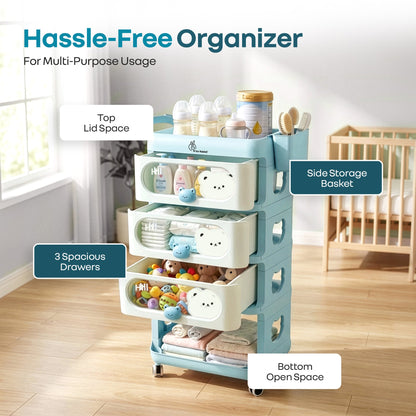 Kiddo Korner Bear Baby Storage Organizer with 3 Drawers, Open Storage, 360° Wheels & Detachable Basket - Blue Cream