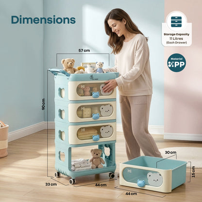 Kiddo Korner Bear Baby Storage Organizer with 3 Drawers, Open Storage, 360° Wheels & Detachable Basket - Blue Cream