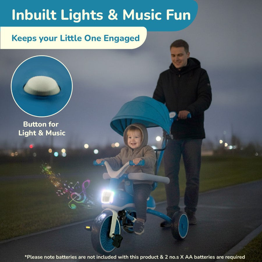 Tiny Toes Karizma - Luxury 3-in-1 Smart Tricycle for Kids 2 to 5 Years with Music & Canopy - Blue Grey