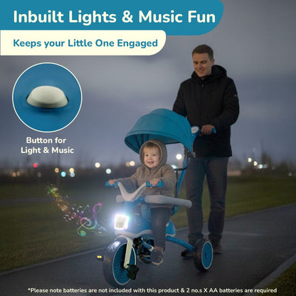 Tiny Toes Karizma - Luxury 3-in-1 Smart Tricycle for Kids 2 to 5 Years with Music & Canopy - Blue Grey